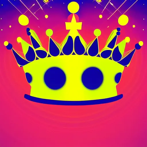 Image similar to a glowing colorful minimal elegant crown sitting on a table with one large beautiful eye on top of it like a jewel, stars on top of the crown, night time, vast cosmos, geometric light rays exploding outwards into stars, bold black lines, flat colors, minimal psychedelic 1 9 5 0 s poster illustration