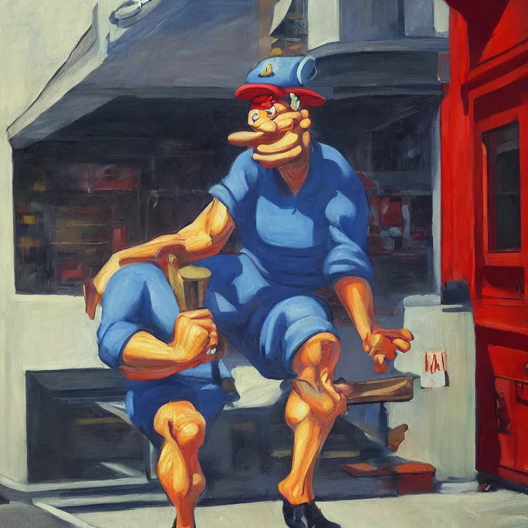 Image similar to Street-art portrait of Popeye the Sailor in style Edward Hopper, photorealism