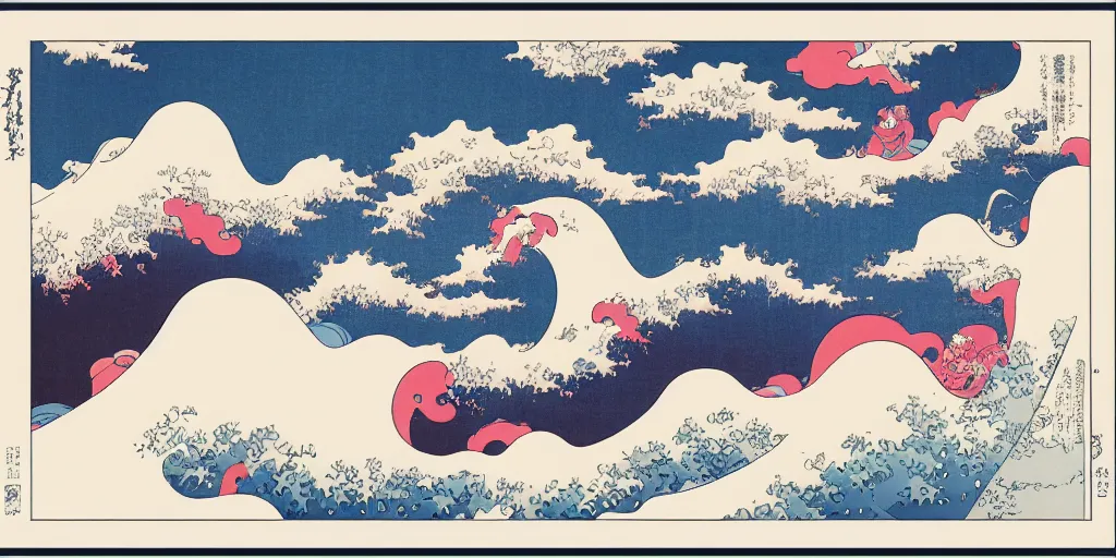 Image similar to rainbows, unicorns, and clouds isolated in the sky by Frank Miller and Hokusai, 8k, vector