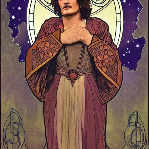 Image similar to pedro pascal portrait by louis - theophile hingre and alphonse mucha, realistic, sharp focus, zodiac signs, tarot cards, planets, ethereal, art nouveau, magic, moon, sun, crown, dreamy, royal, jewellery