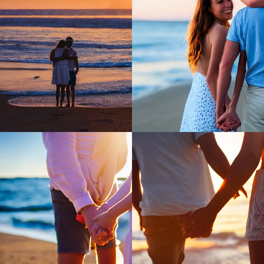 Prompt: happy couple holding hands on the beach, golden hour sun, front view, in focus, close up