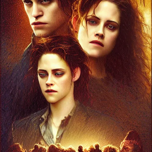 Image similar to detailed poster for twilight the movie with kristen stewart and robert pattinson, highly detailed painting by gaston bussiere, craig mullins, j. c. leyendecker 8 k, cold temperature, movie poster