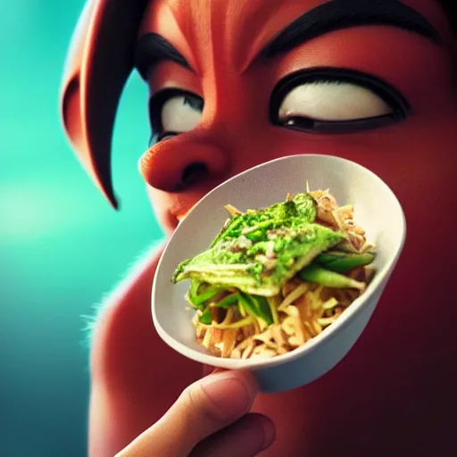 Prompt: movie still macro close photo of happy anonymous holding stirfry to face, by weta disney pixar greg rutkowski wlop ilya kuvshinov rossdraws artgerm octane render iridescent, bright morning, liosh, mucha