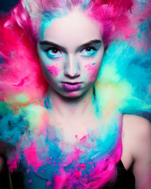 Image similar to a dramatic lighting photo of a beautiful young woman with cotton candy hair. paint splashes. with a little bit of cyan and pink