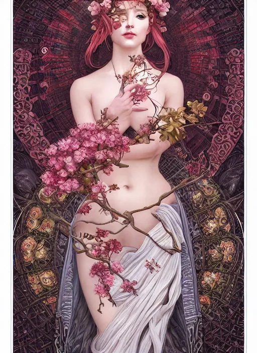 Prompt: a photographic portrait of a anthropomorphic cherry - blossom goddess spirit, fantasy, tarot esoteric, intricate, elegant, highly detailed, digital painting, artstation, concept art, smooth, sharp focus, illustration, art by artgerm and h r giger and alphonse mucha