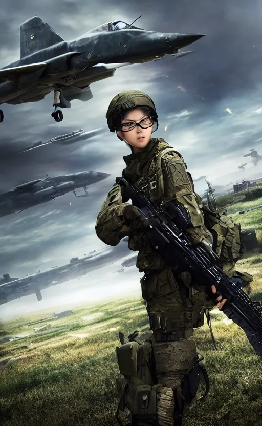 Prompt: girl, trading card front, future soldier clothing, future combat gear, realistic anatomy, war photo, professional, by ufotable anime studio, green screen, volumetric lights, stunning, military camp in the background, metal hard surfaces, generate realistic face, ballistic black glasses, strafing attack plane