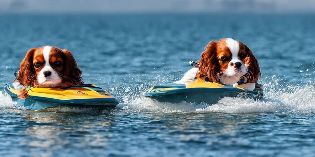 Prompt: A Cavalier King Charles Spaniel on a Jetski