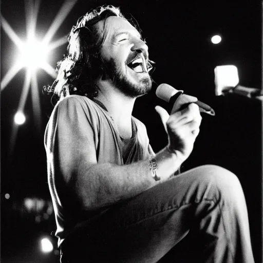 Image similar to 3 5 mm photograph of eddie vedder laughing at the moon