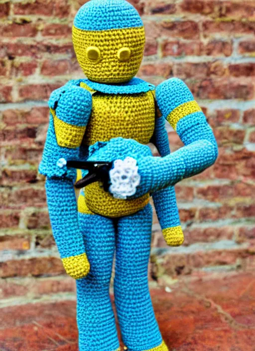 Prompt: a crochet mecha, holding a sword, realistic, no cropping, full body, Sigma 50 mm f/1.4