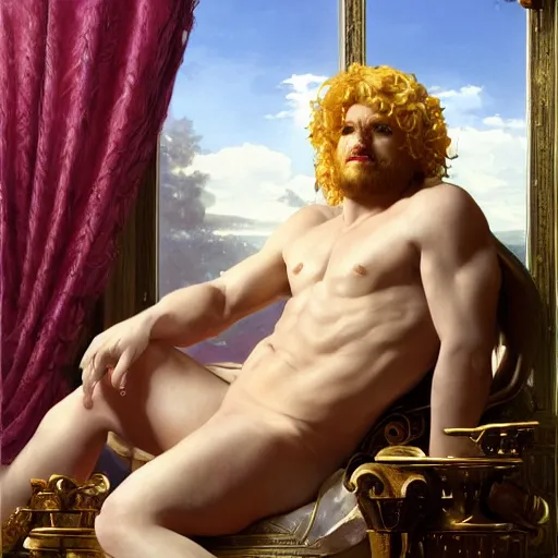 Image similar to Bacchus the pale blond Greek God league of legends on his day off, reclining on a lounge, long fluffy curly blond hair with Center parted curtain bangs, highly detailed, digital painting, artstation, concept art, golden ratio composition, smooth, sharp focus, illustration, ArtStation, art by artgerm and greg rutkowski and alphonse mucha and Edmund Blair Leighton and Charlie Bowater