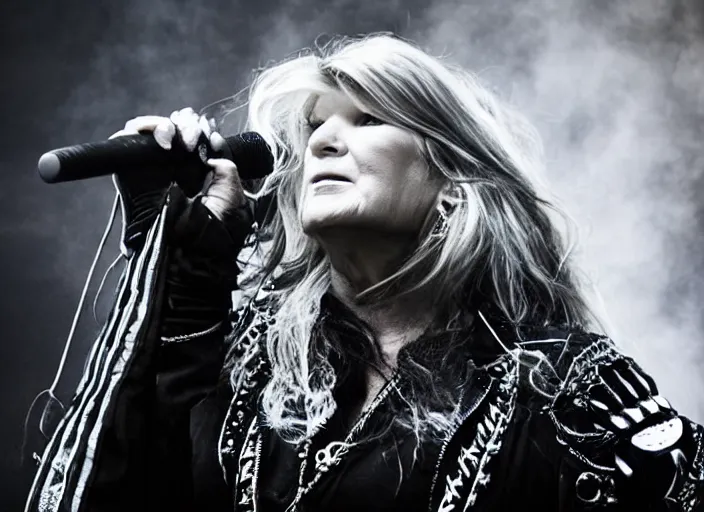 Image similar to publicity photo still of martha stewart in dimmu borgir playing live on stage, 8 k, live concert lighting, mid shot