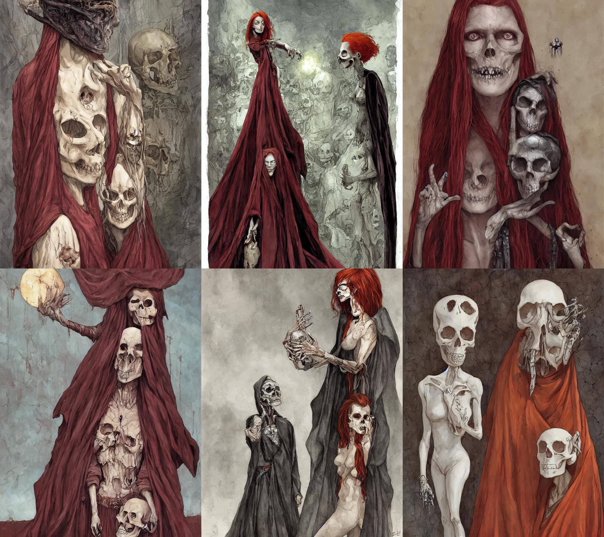 Prompt: A redheaded which stare at a skull in her hand. She wear a long dark robe with transparency. By Régis Loisel and Enki Bilal and Tony Sandoval and Oliver Ledroit. Oil painting