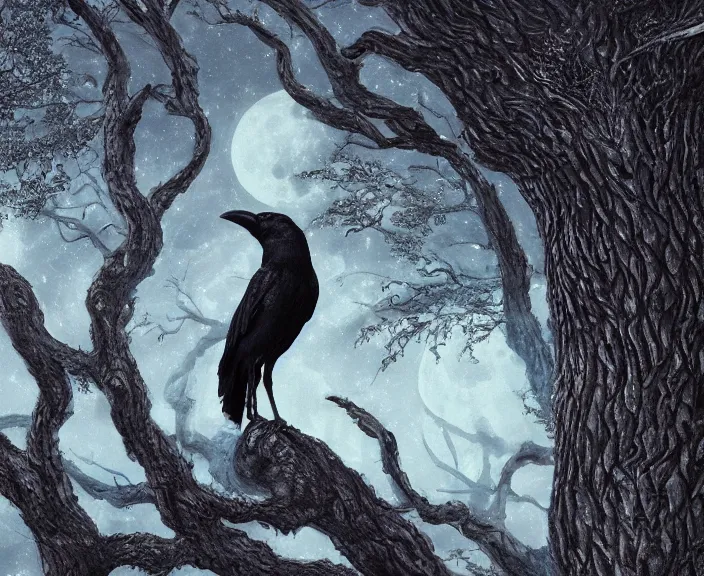 Prompt: a hyper-detailed fantasy wallpaper book cover, close-up portrait of a crow on a tree in front of the full big moon; an extraordinary masterpiece!!!; flawless; proud posture; photorealistic eyes; trending on artstation; f/1.4; 90mm