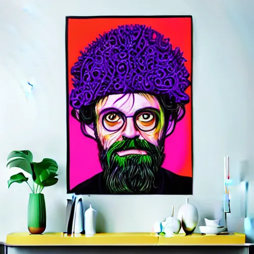 Image similar to Terence McKenna portrait as a magic mushroom. in style of blacklight poster
