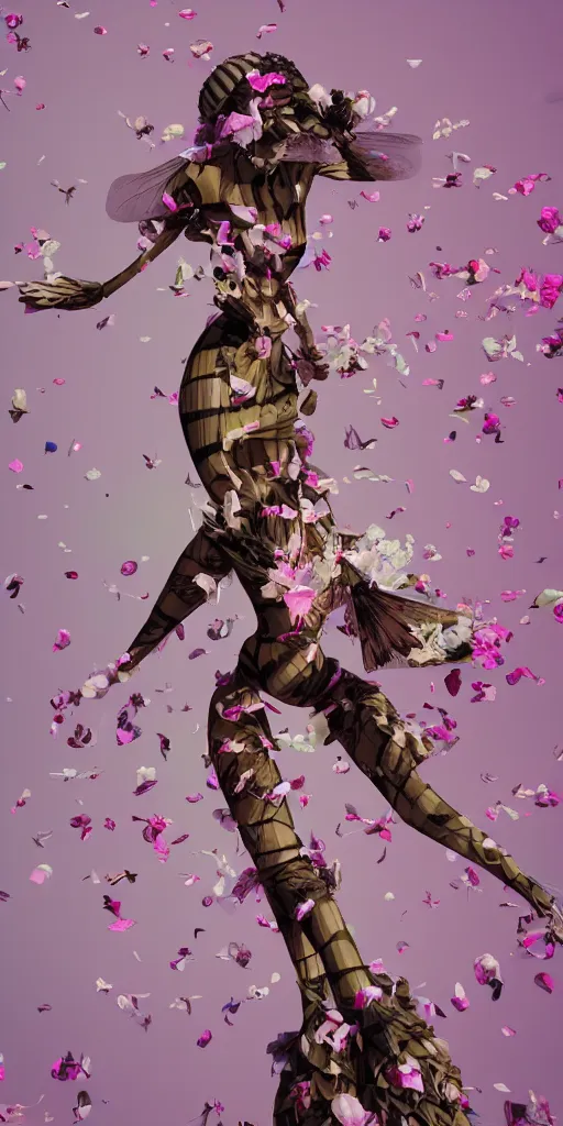 Image similar to an anthromorphic beautiful bee woman wearing striped couture made out of wax and paper and flower petals, running in a papercraft field of flowers, trending on Art Station, 3D, octane render,
