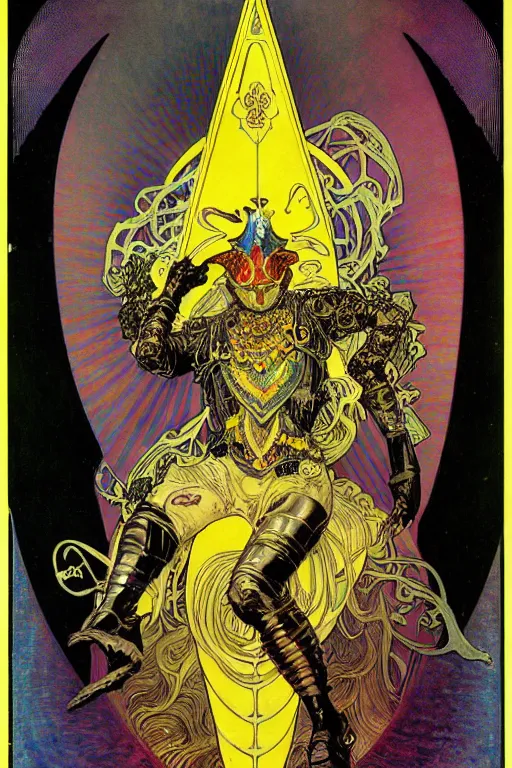 Image similar to black and yellow technicolor color risoprint, alphonse mucha, richard corben, wayne barlowe, moebius, heavy metal comic cover art, psychedelic triangular lich in heavy shoulders armor, very intricate, thick outline, full body, symmetrical face, long black crown, in a shapes background, galactic dark colors