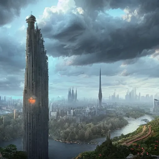 Prompt: an ultra detailed matte painting of the one impossibly tall ominous dark tower elevated high above the city, on an island in a river elevated high above the city fortress tower, fantasy capital city, ultrawide lense, aerial photography, volumetric lighting, exquisite detail, octane render, 8 k postprocessing, art by artgerm and greg rutkowski and alphonse mucha