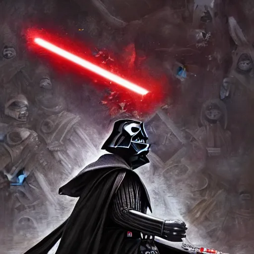 Prompt: darth vader in the warhammer 40k universe, artstation hall of fame gallery, editors choice, #1 digital painting of all time, most beautiful image ever created, emotionally evocative, greatest art ever made, lifetime achievement magnum opus masterpiece, the most amazing breathtaking image with the deepest message ever painted, a thing of beauty beyond imagination or words, 4k, highly detailed, cinematic lighting