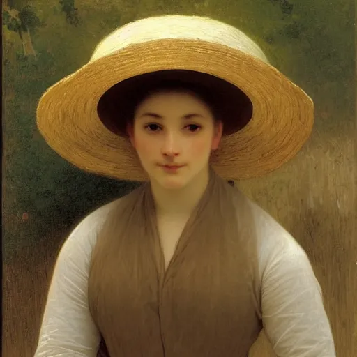 Prompt: A portrait of a fox in a straw hat by William-Adolph Bouguereau, Robert Cleminson, Carl Friedrich Deiker