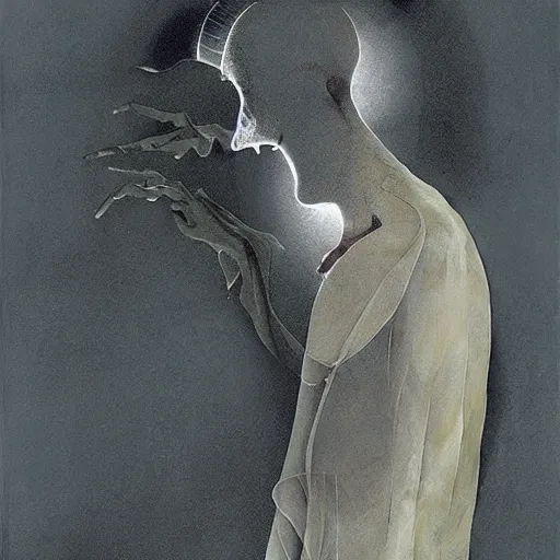 Prompt: looking at the full moon, ghost leaving the body, dave mckean