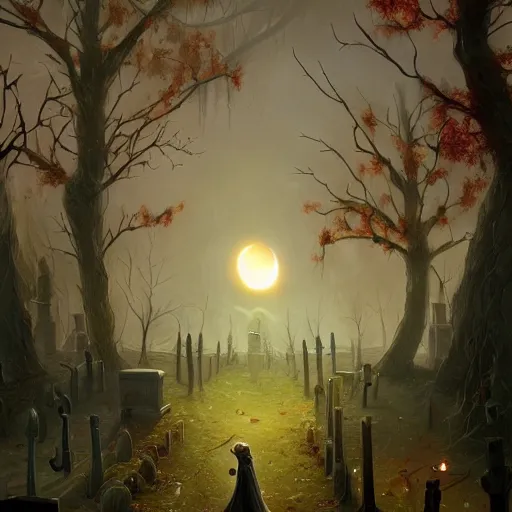 Image similar to a Haunted Halloween Scene, Cemetery, Autumn, 8k resolution matte fantasy painting, cinematic lighting, DeviantArt, Artstation, Jason Felix Steve Argyle Tyler Jacobson Peter Mohrbacher