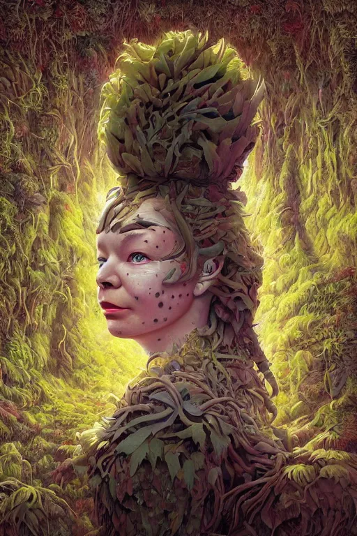 Image similar to bjork portrait by hubert robert and lee madgwick and roger dean and jacek yerka, dan mumford and alex grey style, soft lighting, 4 k hd wallpaper illustration concept joy atmospheric lighting