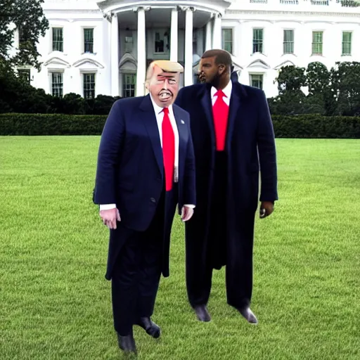 Image similar to kanye west giving donald trump a big bear hug in front of the white house while kanye smells trumps hair