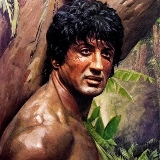 Prompt: color portrait of sylvester stallone in the jungle by frank frazetta