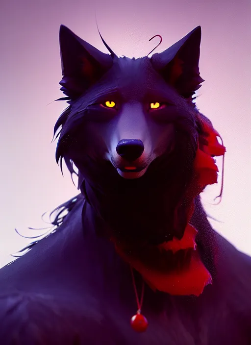 Image similar to beautiful headshot portrait of a male anthropomorphic black wolf red long hair. character design by cory loftis, fenghua zhong, ryohei hase, ismail inceoglu and ruan jia. artstation, volumetric light, highly detailed, photorealistic, fantasy, rendered in octane