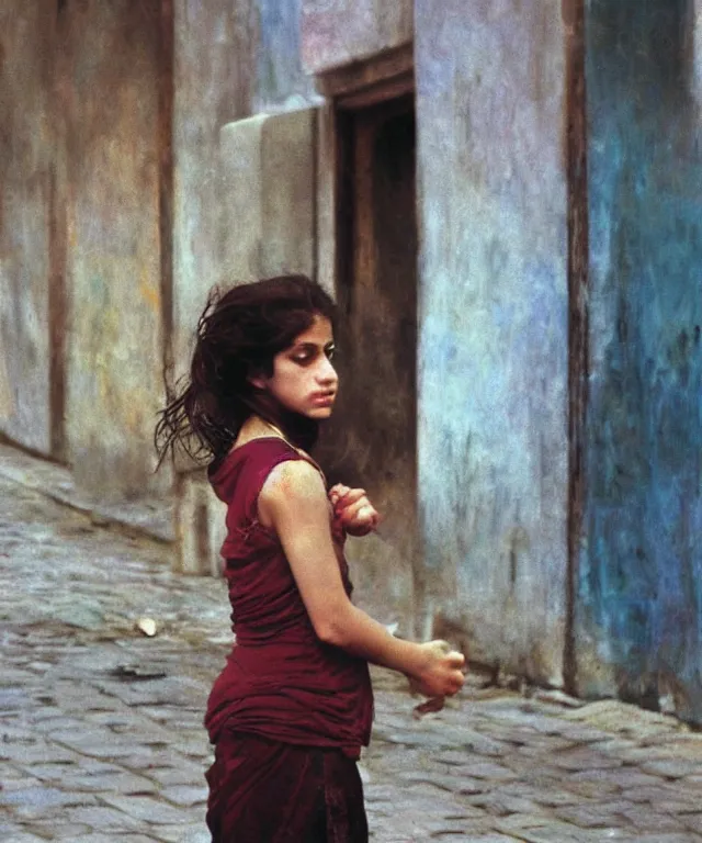 Image similar to a color photograph of persian girl in tehran's streets, by nan goldin, out of place, intense, bold, exaggerated, over proportion, painted over by andrew wyeth, hyperrealistic, ultra sharp, extra details, ultra high quality,