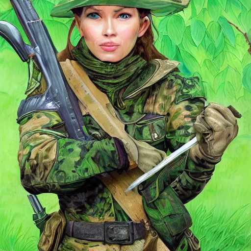 Prompt: portrait of a female ranger, dungeons and dragons, full color, vivid, realistic illustration, upper body close up, dressed in green camouflage