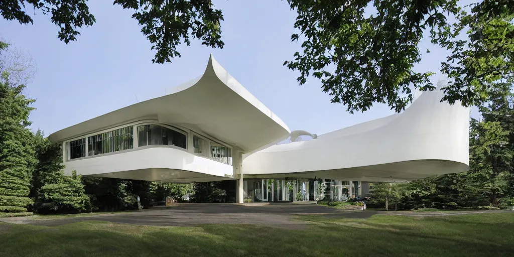 Image similar to residence in the style of seattle's pacific science center, high symmetrical crisscrossing white arches, designed by minoru yamasaki