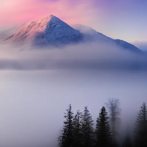 Image similar to tall snowy mountain, realistic, detailed, fog, award winning photo, sunset, 8 k