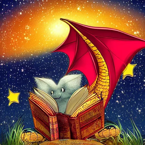 Image similar to cute dragon reading book under the stars, digital art