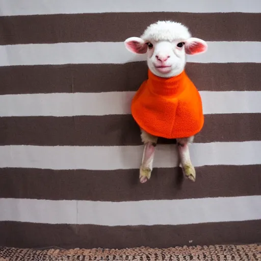 Prompt: cute baby sheep wearing orange inmate clothes