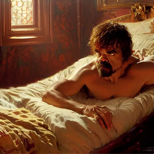 Prompt: peter dinklage is in his bed, nervous and terrified, because a kevin bacon is attacking him. highly detailed painting by gaston bussiere, j. c. leyendecker, greg rutkowski, craig mullins 8 k