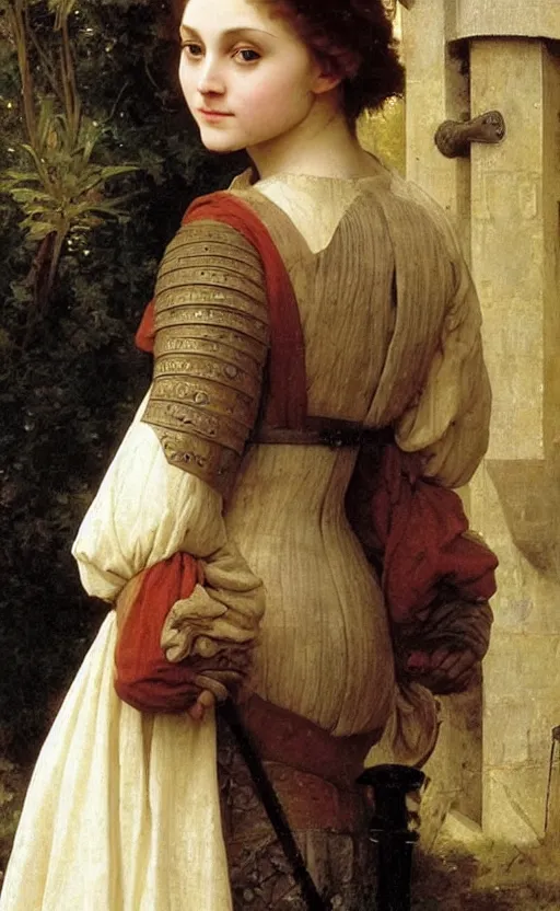 Prompt: annasophia robb bowl haircut medieval armour, bouguereau