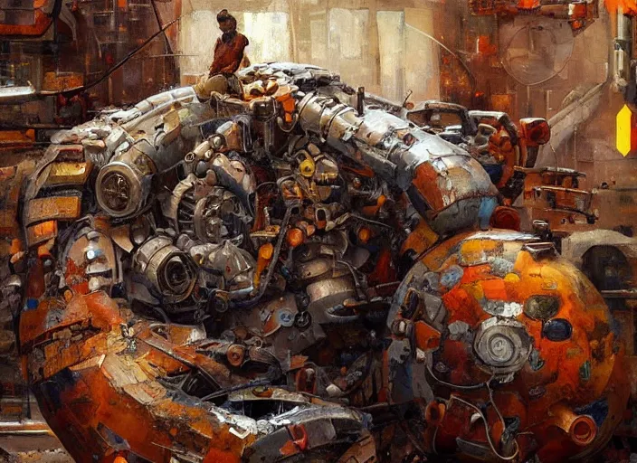 Image similar to a man made out of broken machine parts, warm colours, cincemati dramatic atmosphere, oil painting by jama jurabaev, extremely detailed, brush hard, artstation, for aaa game, high quality, brush stroke