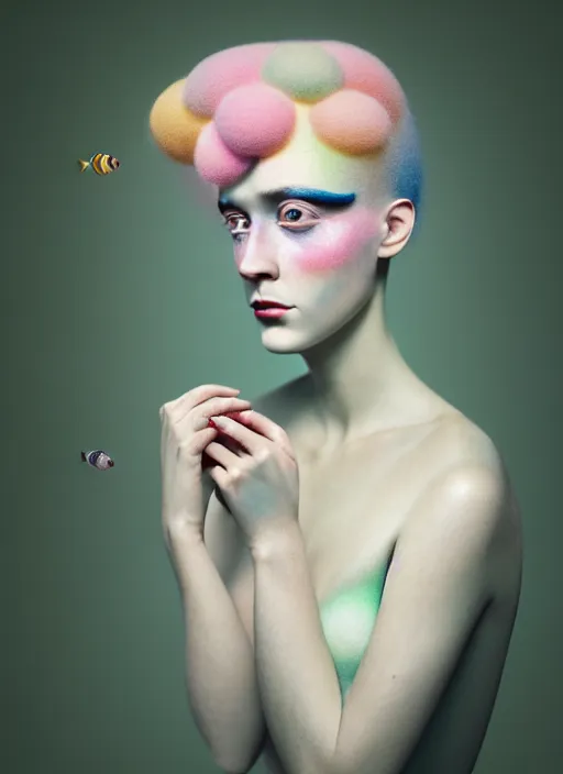 Image similar to Kodak Portra 400, 8K, soft light, volumetric lighting, highly detailed, fine art portrait photography in style of Flora Borsi, britt marling style 3/4 face morphing with pastel colors tropical fishes, metamorphosis complex 3d render , 150 mm lens, art nouveau fashion embroidered, intricate details, elegant, hyper realistic, ultra detailed, octane render, etheric, outworldly colours, emotionally evoking, head in focus, fantasy, ornamental, intricate, elegant, 8K, soft light, volumetric lighting, highly detailed, Refined, Highly Detailed, soft lighting colors scheme, fine art photography, Hyper realistic, photo realistic