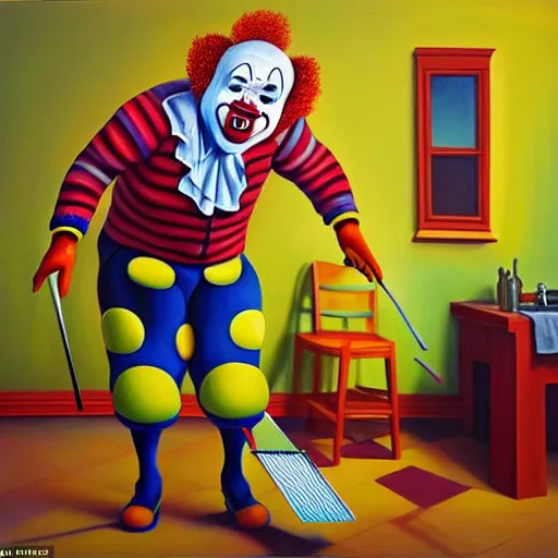 Image similar to hyperrealism painting from the housefly perspective getting swatted at from an angry and sick clown man with a fly swatter in the kitchen