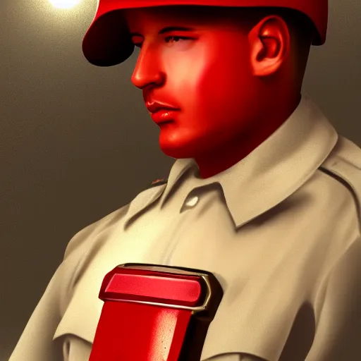 Prompt: pale skin security officers beige uniform glowing red trending on artstation high detail digital painting