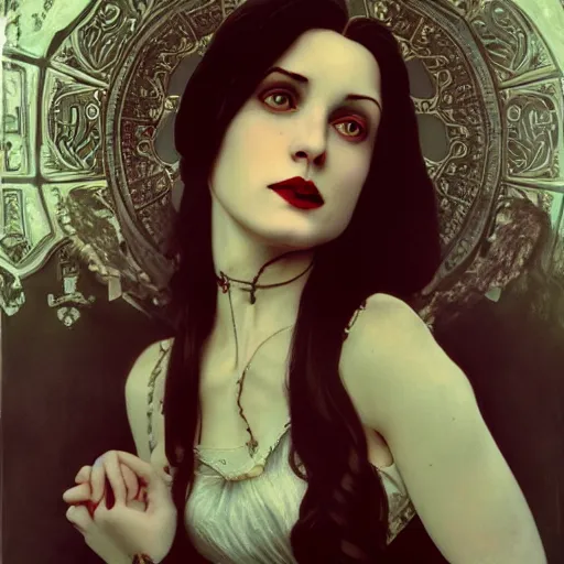 Image similar to portrait of a lady vampire, 35mm, victorian, depth of field, ominous, sharp, highly detailed, photorealistic, realistic, unreal 5, high definition, 8k, deviantart, irwin penn, Alphonse Mucha