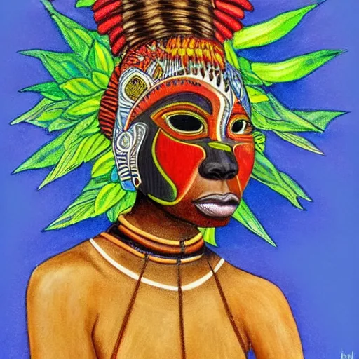 Image similar to Art in the style of Octavia Ocampo, Gaia, Mother Earth, side portrait, tribal mask inside mask, afrocentric mysticism