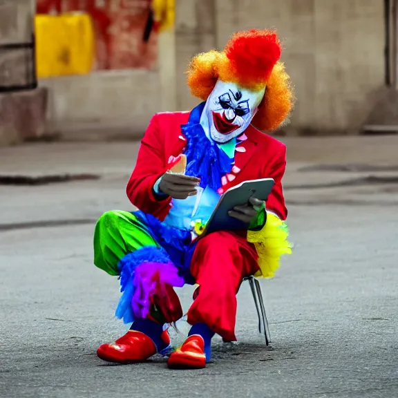 Image similar to clown crying while browsing twitter on his phone, photo taken from behind the clown