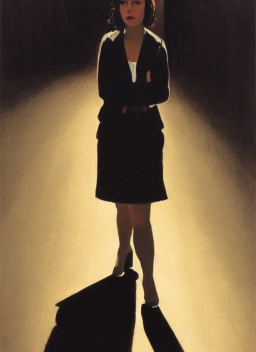 Image similar to a portrait of a cute girl, standing in an empty dark street, highly detailed, dramatic lighting, intense shadows, rich deep colours, by jack vettriano