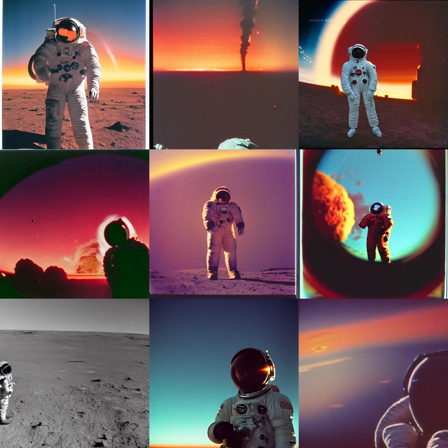 Prompt: shot on kodachrome, single subject, giant american spacesuit astronaut watching atomic bomb shockwave, sunrise, by vhs camcoder