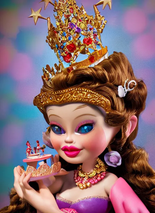 Image similar to closeup face profile portrait of tin toy sylvia sims as a fairytale princess wearing a crown eating cakes, bikini, depth of field, zeiss lens, detailed, symmetrical, centered, fashion photoshoot, by nicoletta ceccoli, mark ryden, lostfish, breathtaking, 8 k resolution, extremely detailed, beautiful, establishing shot, artistic, hyperrealistic, octane render