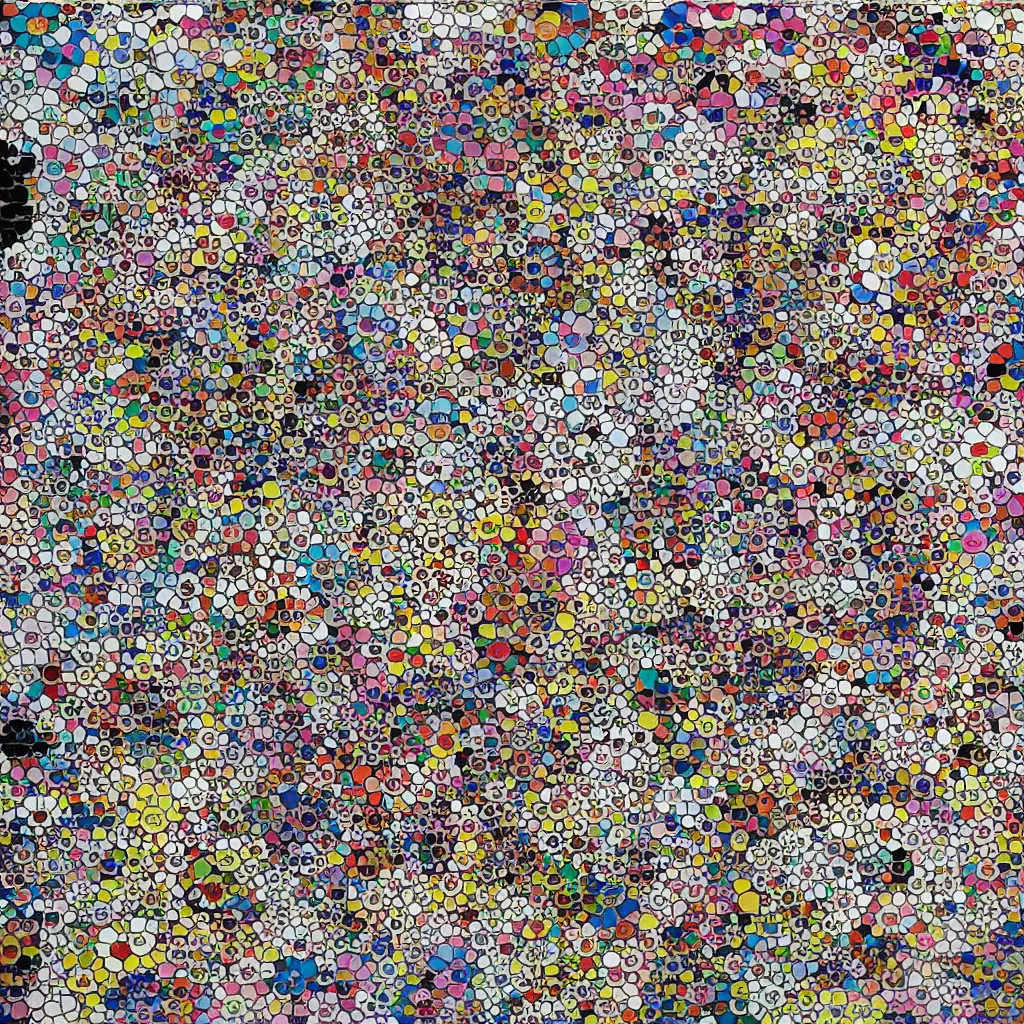 Prompt: camouflage made of love, takashi murakami artwork, abstract, rei kawakubo artwork, cryptic, stipple, lines, splotch, color tearing, pitch bending, lines, blotches, color splotches, dark, ominous, abstract, minimal, points, technical, painting