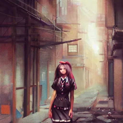 Image similar to a perfect, realistic professional oil painting of a Japanese schoolgirl posing in a dystopian alleyway, style of Marvel, full length, by a professional American senior artist on ArtStation, a high-quality hollywood-style concept