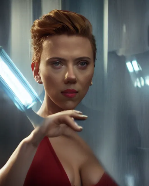 Image similar to film still of scarlett johansson in a fatsuit from 2 0 1 2's the avengers, cinematic lighting, octane render, backlit, rim lighting, 8 k resolution